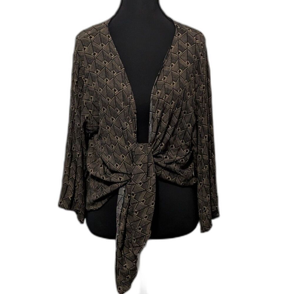 Fresco by Nomadic Traders Geometric Patterned Wrap Blouse Brown Black Womens XL